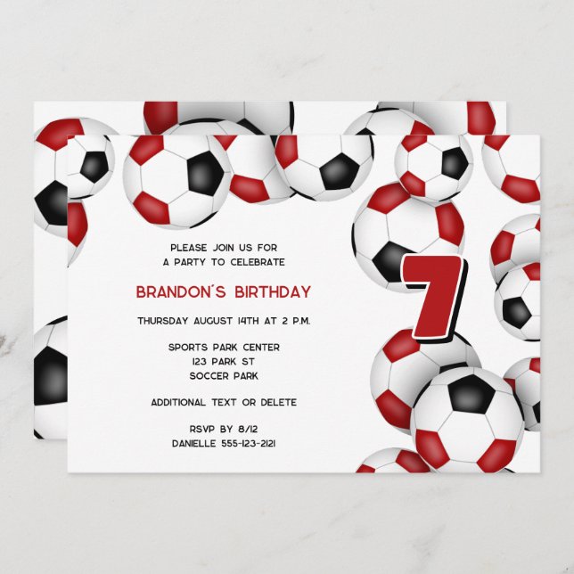 red black soccer balls kids birthday party invitation (Front/Back)