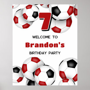 red black soccer balls kids birthday party poster