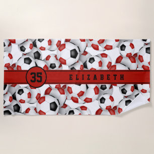 Red black soccer balls pattern team spirit  beach towel