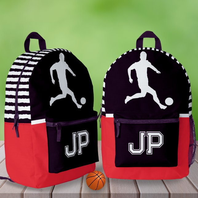 Red Black Soccer Player Monogram School Gear Boys Printed Backpack (Creator Uploaded)
