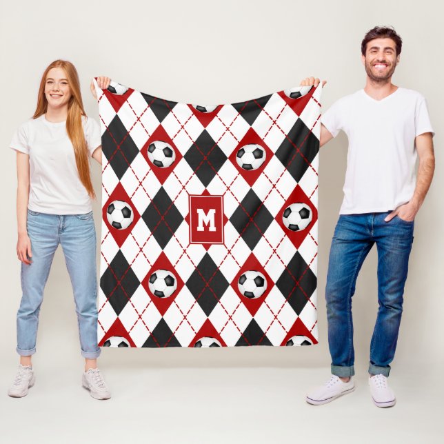 red black soccer team colours argyle pattern fleece blanket (In Situ)