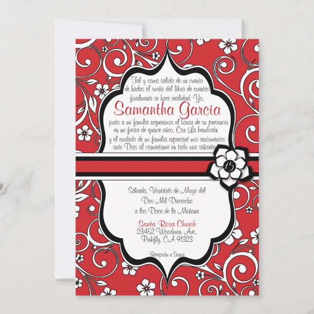 Red & Black Spanish Quinceañera Invitation (Front)