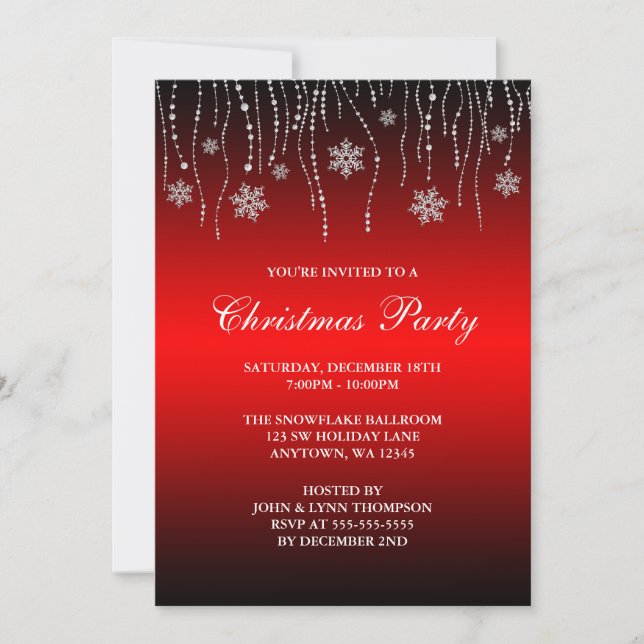 Red Black Sparkle Snowflakes Christmas Party Invitation (Front)
