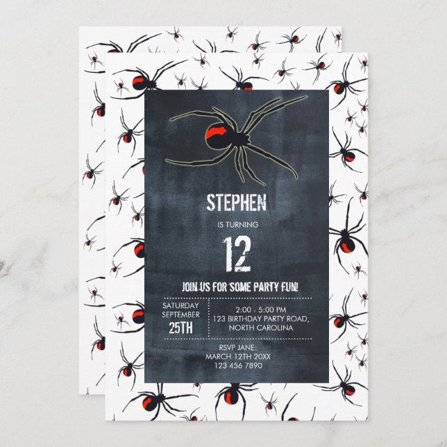 Red & Black Spider Birthday Party Theme Invitation (Front/Back)