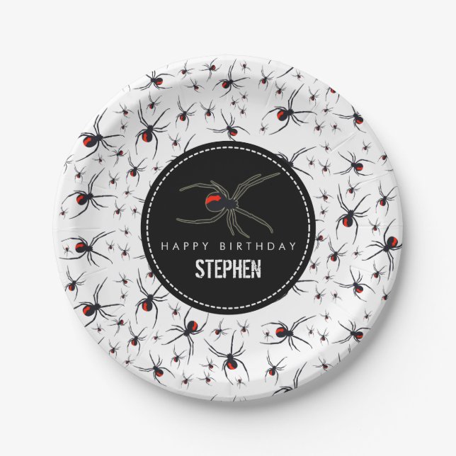 Red & Black Spider Birthday Party Theme Paper Plate (Front)