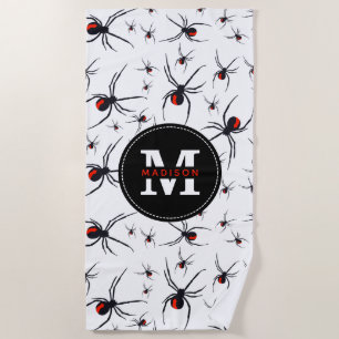 Red & Black Spider Pattern Monogrammed  Beach Towel