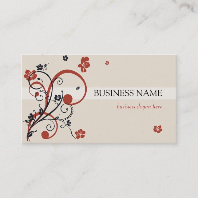 Red Black Spirals and Flowers Business Card (Front)