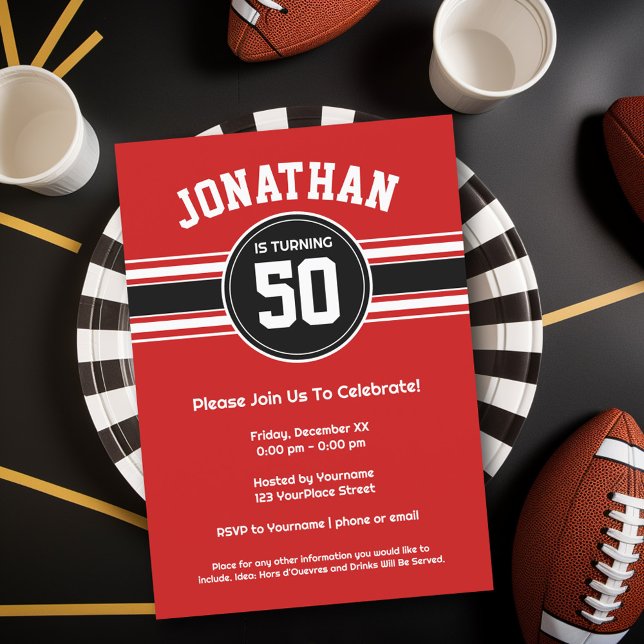 Red Black Sports Jersey Birthday party Invitation (Birthday Party Invitation - Sports Theme - Football Party Invitation)