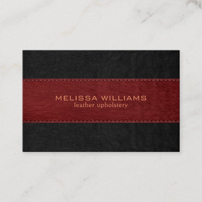 Red & Black Stitched Vintage Leather Texture Business Card (Front)