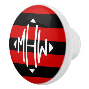 Red Black Stripe Wt Diamond Shape Monogram DIY BG Ceramic Knob