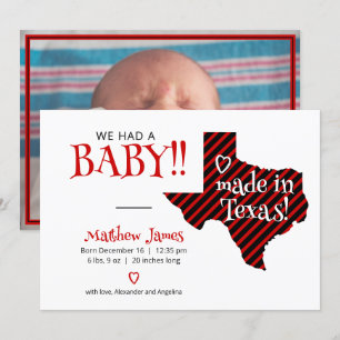 Red/Black Striped Made in Texas Photo Baby Announcement