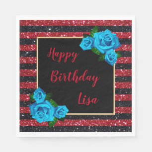 Red Black Stripes Glitter Blue Roses Birthday Napkin