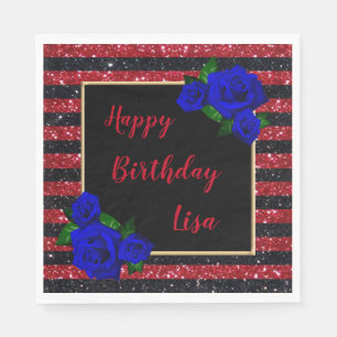 Red Black Stripes Glitter Deep Blue Roses Birthday Napkin