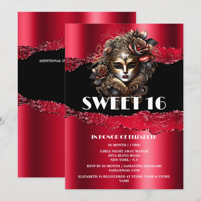 Red black sweet 16 girls masquerade mask 3D glam Invitation (Front/Back)