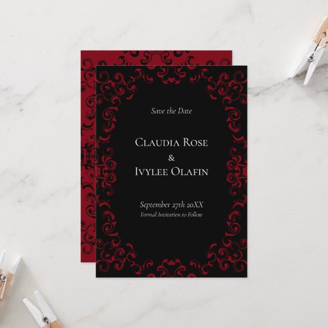 Red & Black Swirl Gothic Wedding Invitation (Front/Back In Situ)
