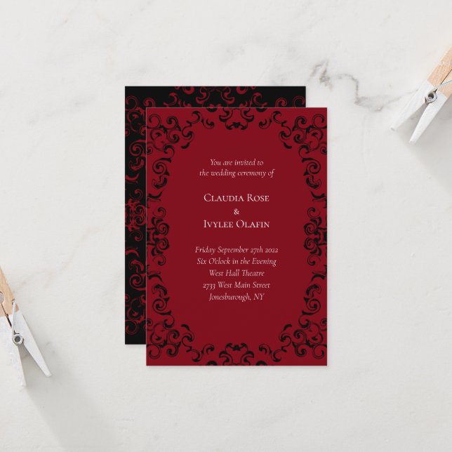 Red & Black Swirl Gothic Wedding Invitations (Front/Back In Situ)