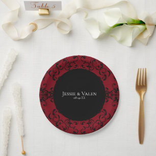 Red & Black Swirl Gothic Wedding Paper Plate