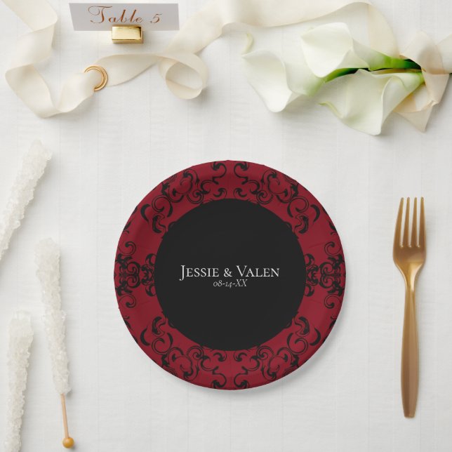 Red & Black Swirl Gothic Wedding Paper Plate (Wedding)