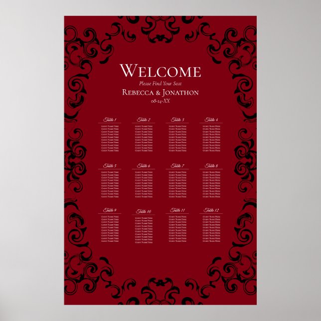 Red & Black Swirl Gothic Wedding Poster (Front)