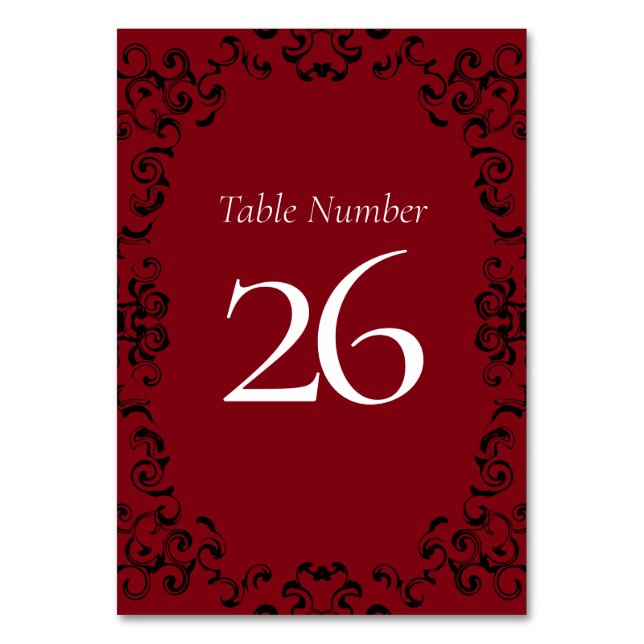 Red & Black Swirl Gothic Wedding Table Number (Back)