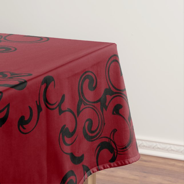 Red & Black Swirl Gothic Wedding Tablecloth (In Situ)