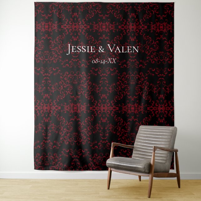 Red & Black Swirl Gothic Wedding Tapestry (In Situ)