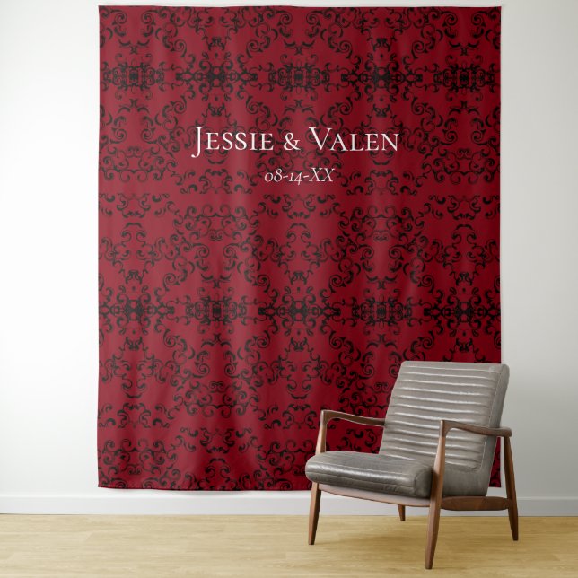 Red & Black Swirl Gothic Wedding Tapestry (In Situ)