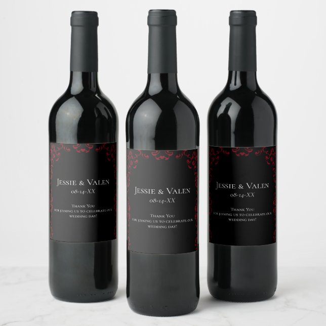 Red & Black Swirl Gothic Wedding Wine Label (Bottles)