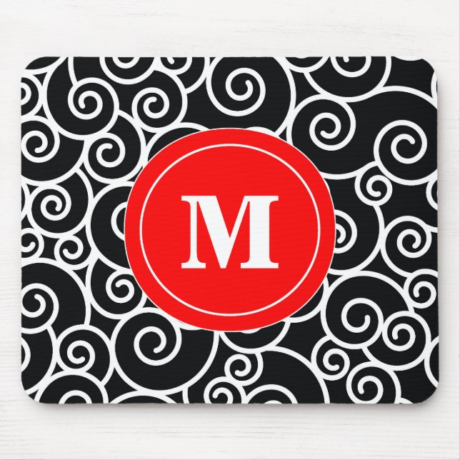 Red Black Swirl Monogram Mouse Pad. Mat (Front)