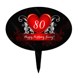 Red Black Swirly Heart Happy 80th Birthday Cake Topper