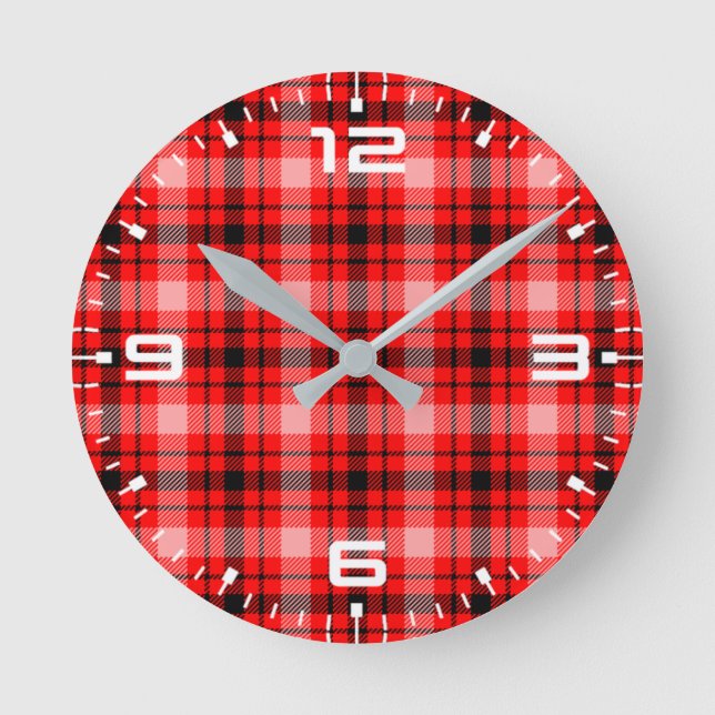 Red Black Tartan Chequered Plaid Pattern-24899 Round Clock (Front)