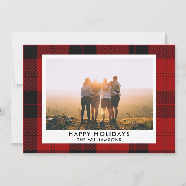 Red Black Tartan Custom Name Photo Message Holiday Card (Front)