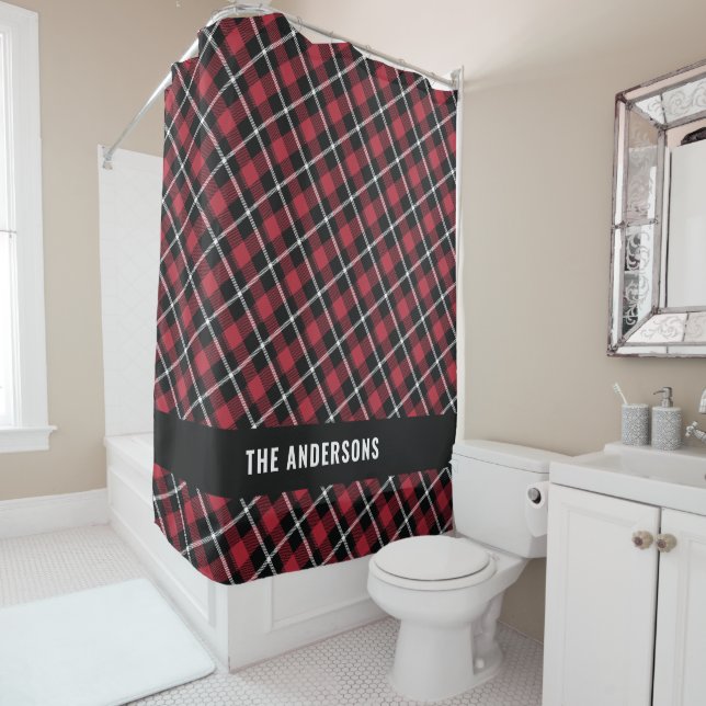 Red black tartan modern rustic personalised shower curtain (In Situ)