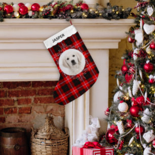 Red Black Tartan Plaid Winter Wreath Pet Dog Photo Small Christmas Stocking