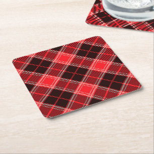 Red Black Tartan Square Paper Coaster