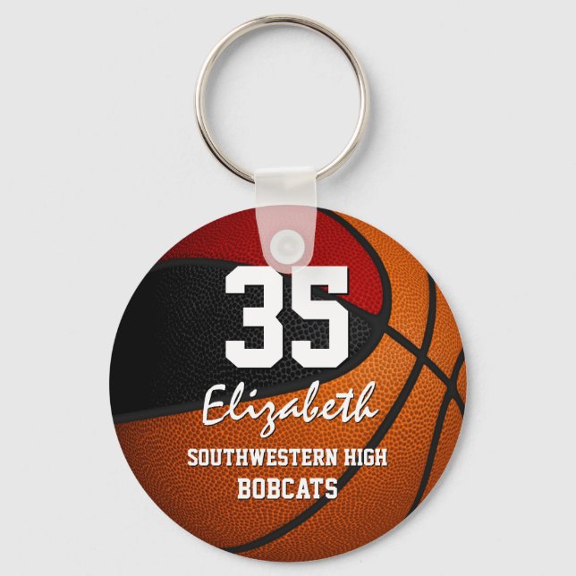 Red black team colors girls boys basketball key ring (Front)