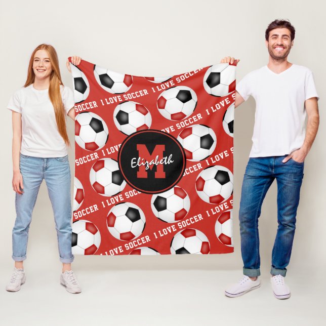 Red black team colours I love soccer text pattern Fleece Blanket (In Situ)