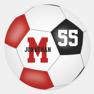 red black team colours soccer ball personalised classic round sticker