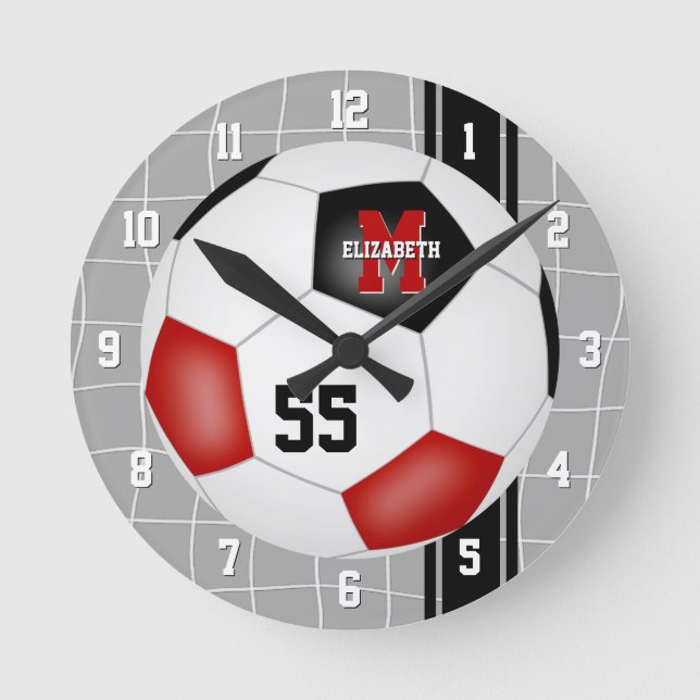 red black team colours varsity stripes soccer round clock (Front)