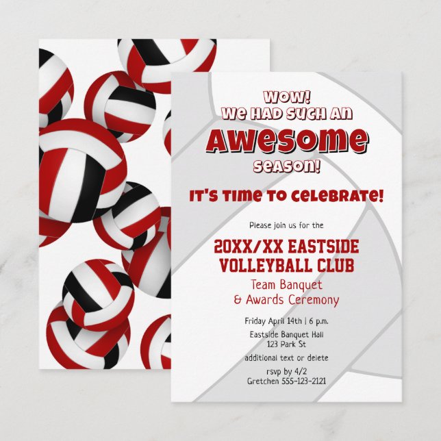 red black team colours volleyball season banquet invitation (Front/Back)