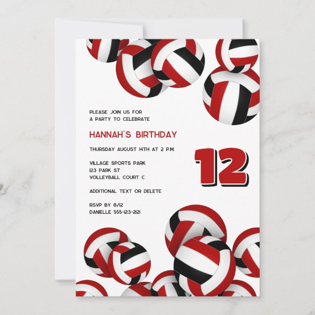 red black team colours volleyballs kids birthday invitation (Front)