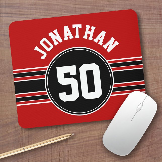 Red Black Team Jersey Fan Gear Name Number Mouse Mat (Sports Theme Mouse Pad - Personalize with your name)