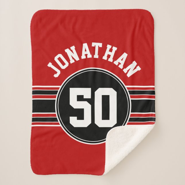 Red Black Team Jersey Fan Gear Name Number Sherpa Blanket (Front)