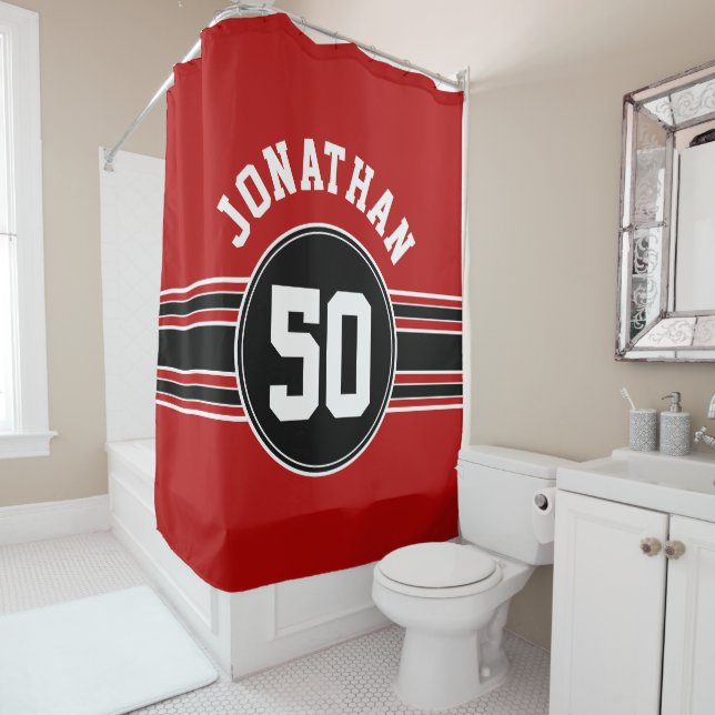Red Black Team Jersey Fan Gear with Name Number Shower Curtain (In Situ)