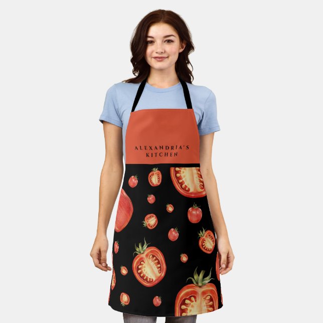 Red & Black Tomato Pattern | Your Name + Kitchen Apron (Worn)