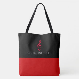 red / black tote bag with name + musical note