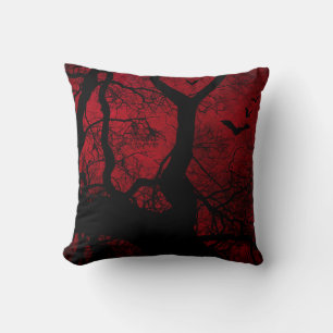 Red & Black Tree and Bats Silhouettes Cushion