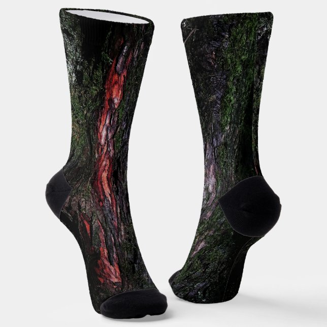 Red black tree mossy wood bark cool socks (Angled)
