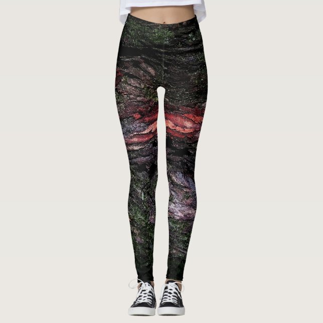 Red black tree mossy wood bark leggings (Front)