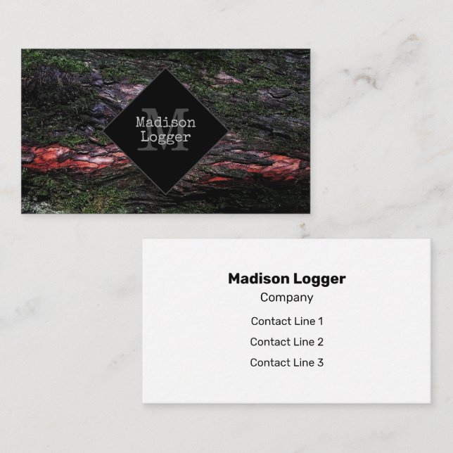 Red black tree mossy wood bark Logger Monogram Business Card (Front/Back)